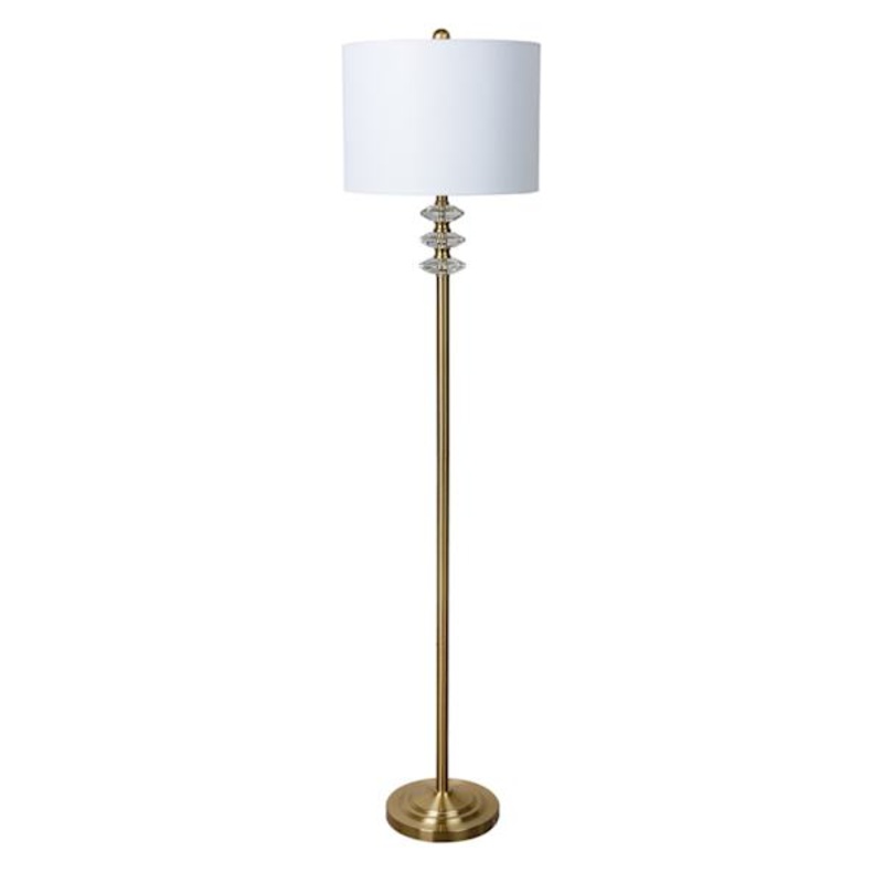 Brushed Brass Floor Lamp with White Fabric Drum Shade, 60″