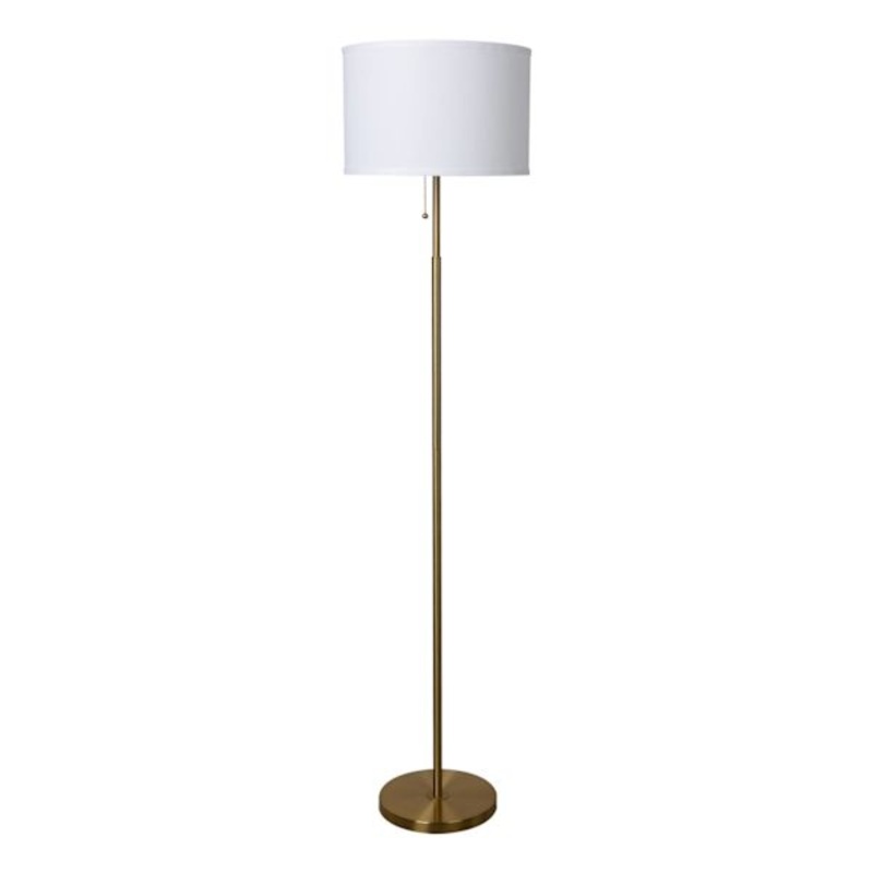Brushed Brass Stick Floor Lamp with White Fabric Drum Shade, 62″