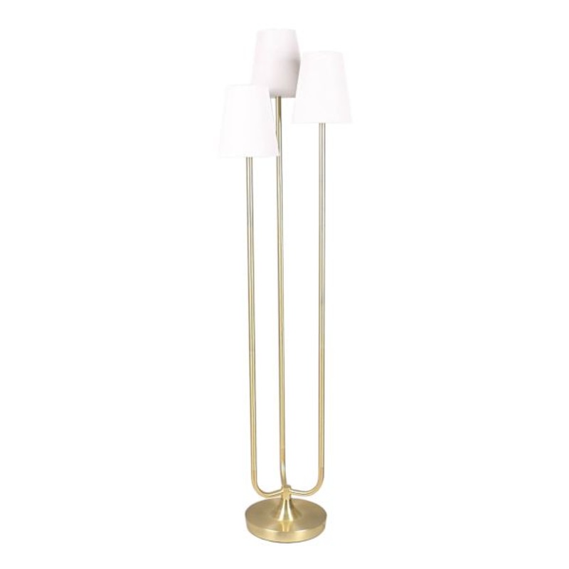 Brushed Brass Triple Head Floor Lamp with White Fabric Shades, 65″