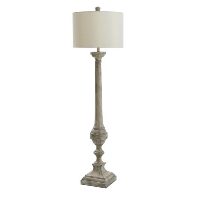 Grey Distressed Spindle Floor Lamp with White Fabric Drum Shade, 64″