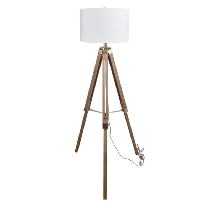 Metal & Wood Tripod Floor Lamp with White Fabric Drum Shade, 58″