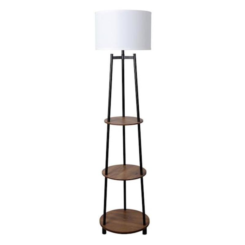 Wood & Metal Finish Shelf Floor Lamp with White Fabric Drum Shade, 64″