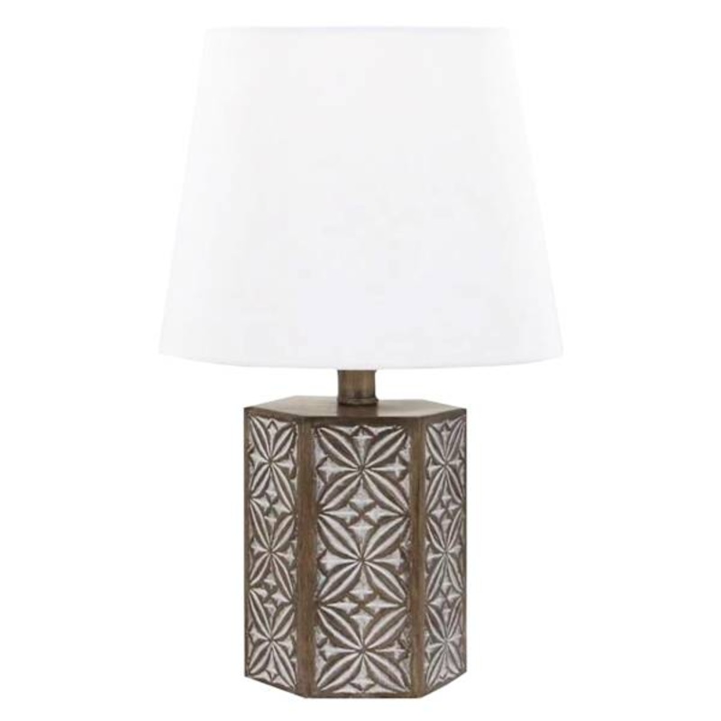 Brown & White Floral Embossed Small Table Lamp with Shade, 16″