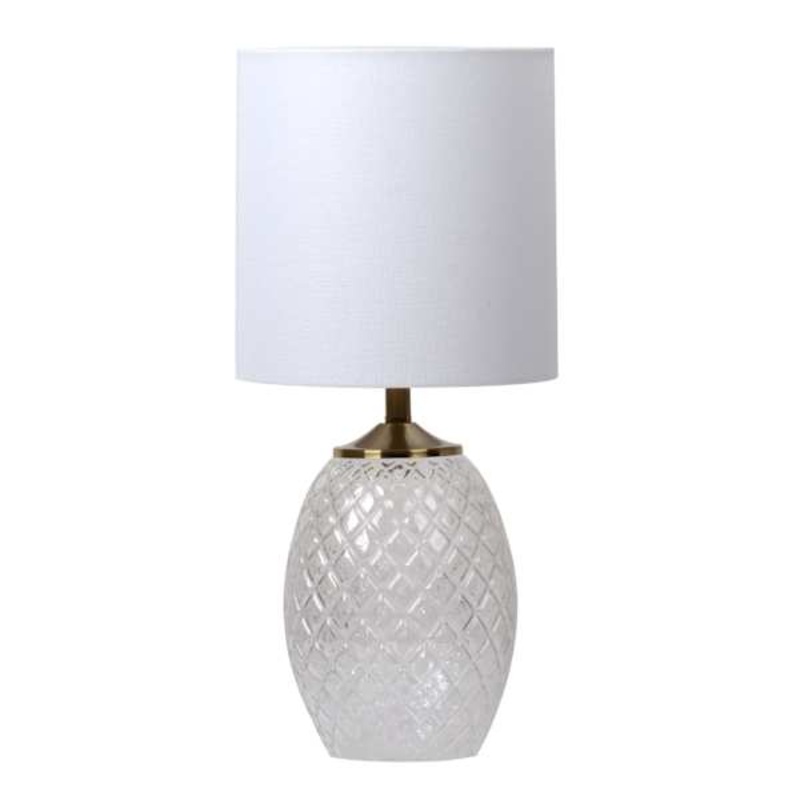 Clear Glass & Gold Diamond Pattern Small Table Lamp with Shade, 16.5″