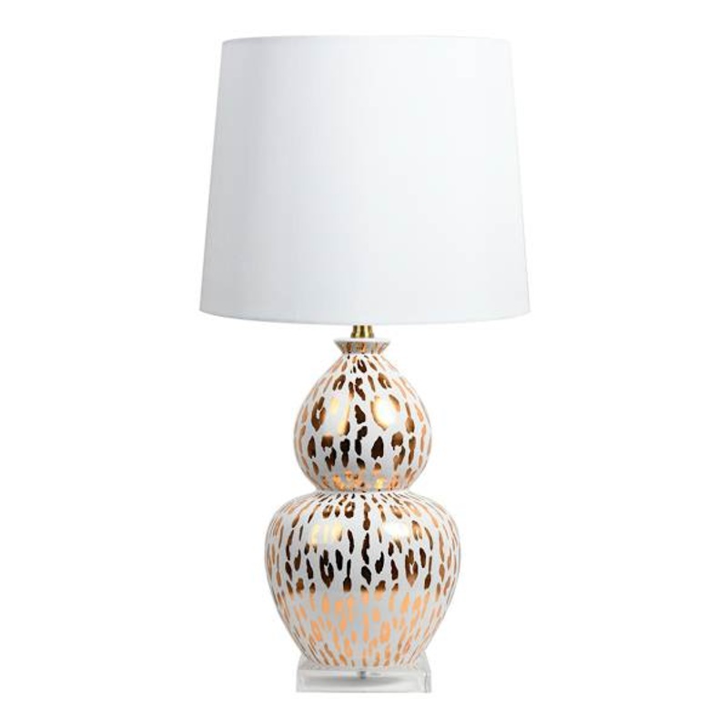 Gold Cheetah Ceramic Double Gourd Medium Lamp w ith Shade, 27