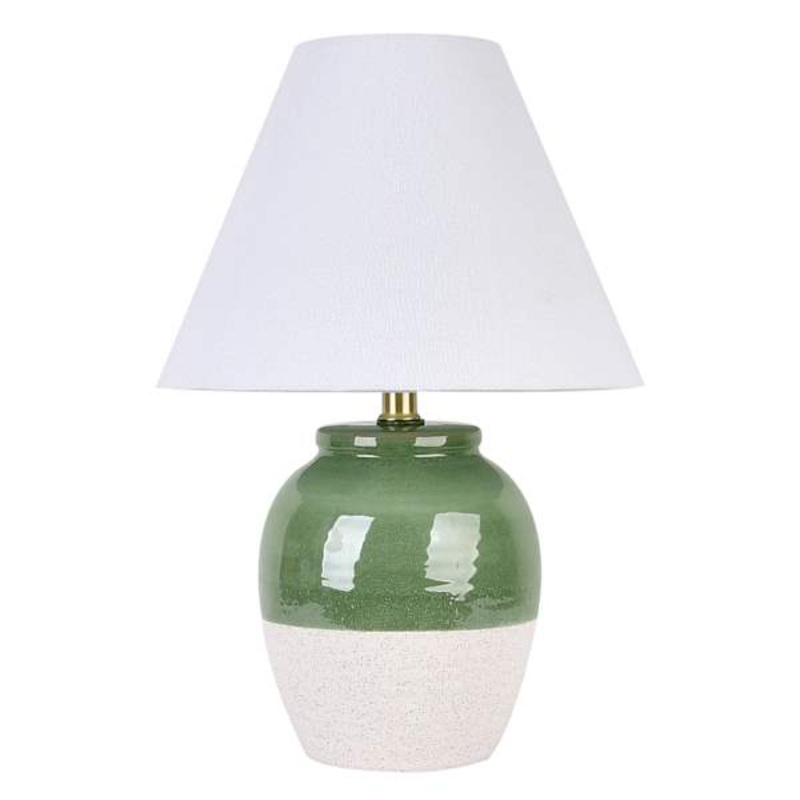 Green & White Ceramic Two-Toned Small Table Lamp with Shade, 17″