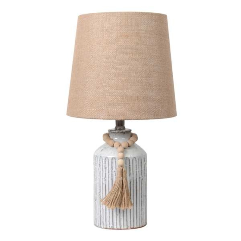 Grey Beaded Tassle Small Table Lamp with Burlap Shade, 18.5″