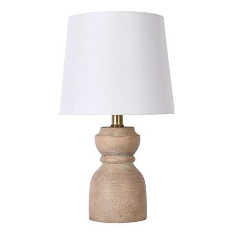 Natural Wood Turned Small Table Lamp with Shade, 15.5″