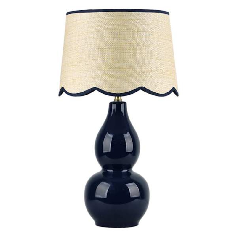 Providence Navy Double Gourd Ceramic Small Lamp with Scallop Shade, 17″