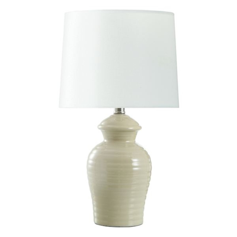 Tan Urn Lamp with Shade, 14.5″