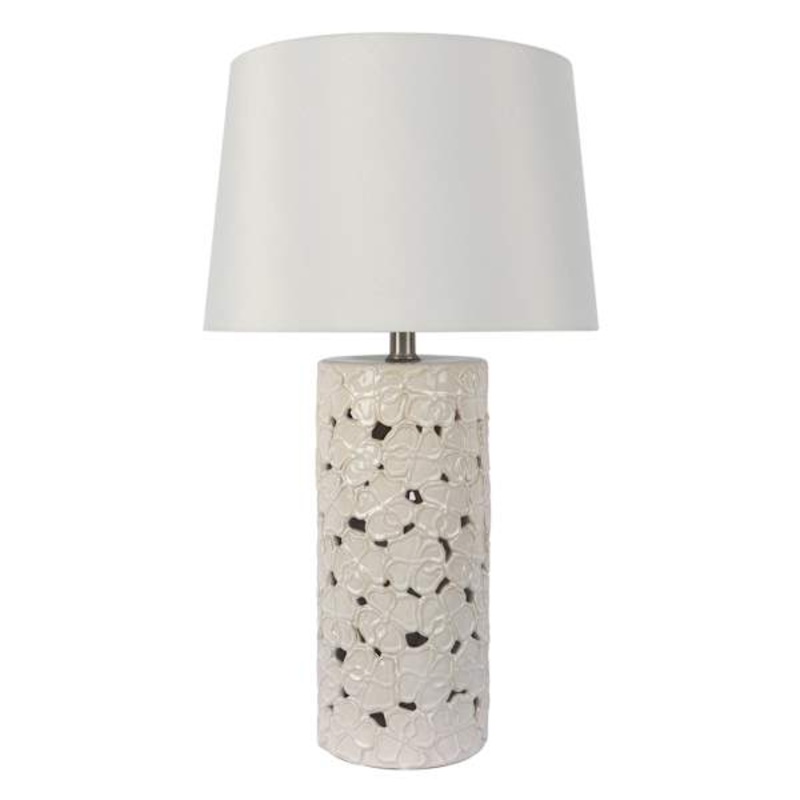 White Ceramic Floral Cutout Medium Table Lamp with Shade, 25″
