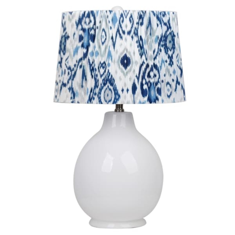 White Ceramic Medium Table Lamp with Blue Ikat Shade, 25″