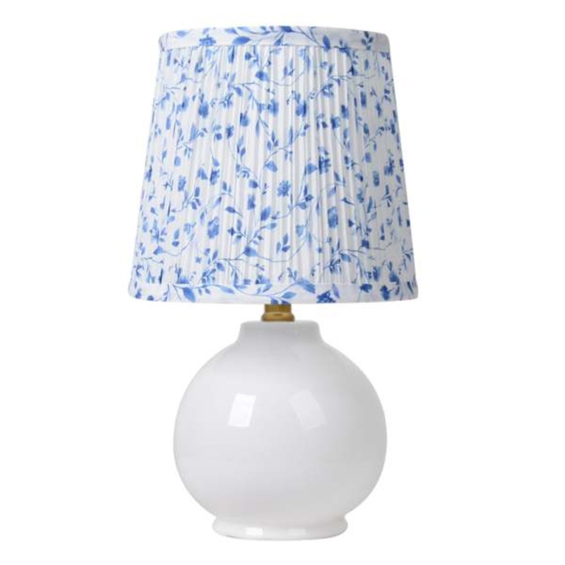 White Ceramic Small Lamp with Pleated Blue Patterned Shade, 17″