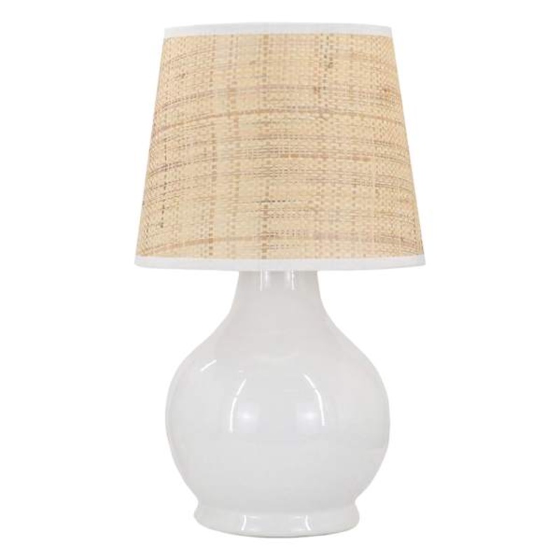 White Ceramic Small Table Lamp with Seagrass Shade, 17.5″