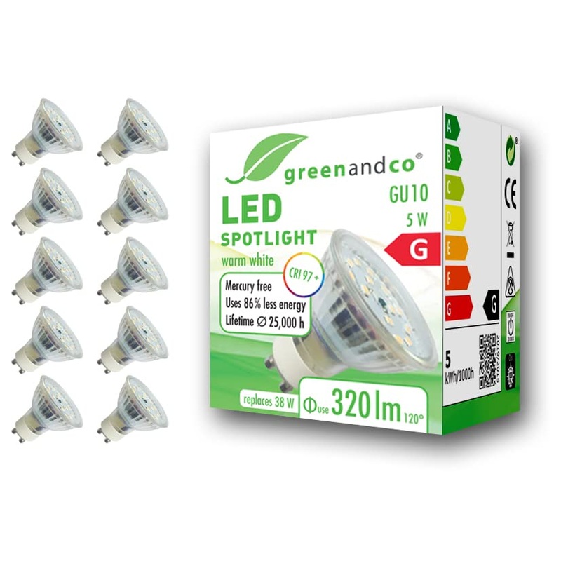 10x Greenandco CRI 97+ GU10 LED Spot 5W 320 LM 110 2700K warm white 230V flicker -free not dimmable 2 years guarantee 5W 2700k 110 10 pieces (1 Pack)