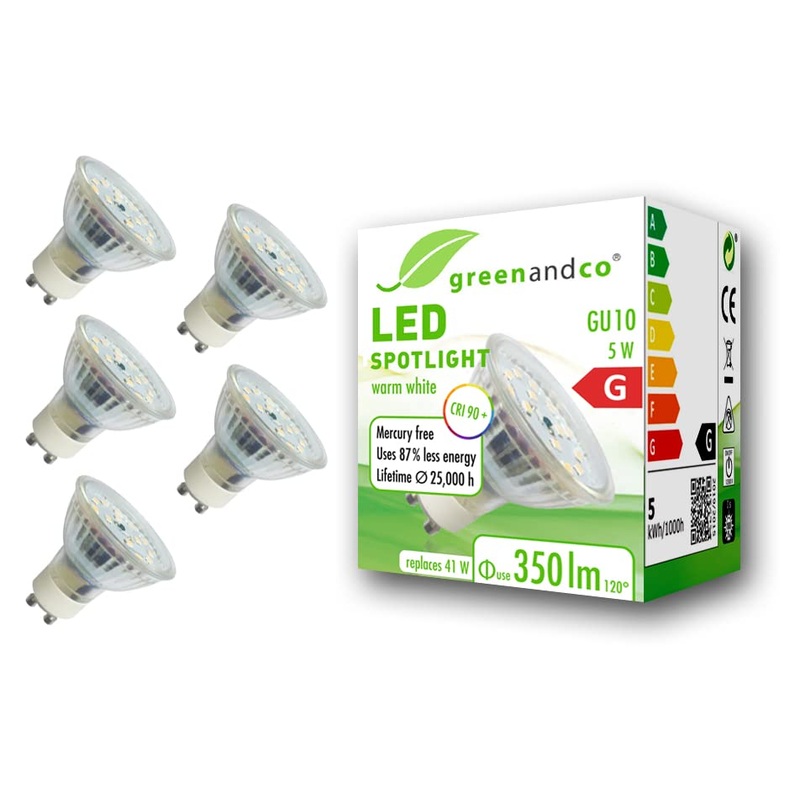 5x Greenandco CRI 90+ GU10 LED spot 5W 350 LM 110 3000K warm white 230V flicker -free not dimmable 2 years guarantee 5W 3000K 110 5 pieces (1 Pack)