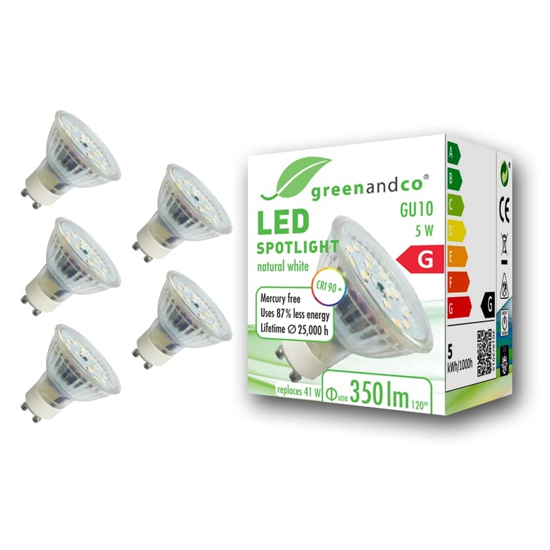 5x Greenandco CRI 90+ GU10 LED spot 5W 350 LM 110 4000K neutral white 230V flicker -free not dimmable 2 years guarantee 5W 4000K 110 5 pieces (1 Pack)