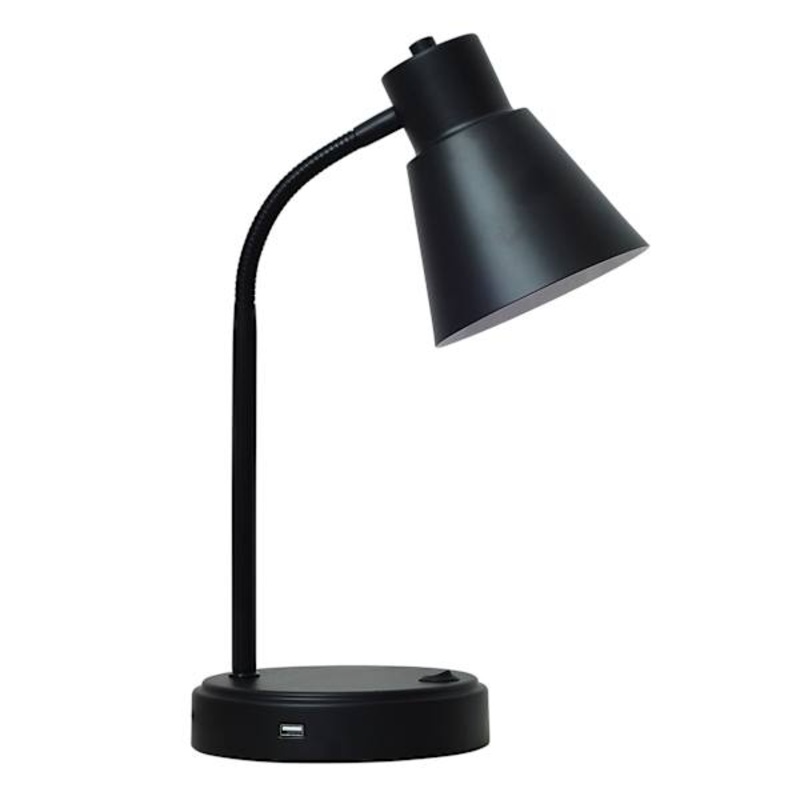 Black Metal Task Lamp with USB Port, 16″