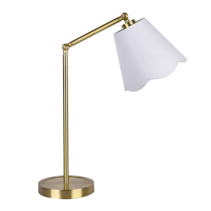 Brushed Brass Desk Lamp with White Fabric Scalloped Shade, 20″