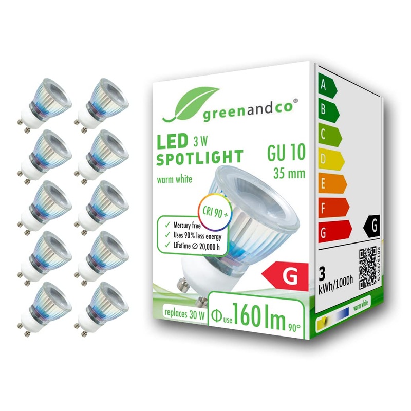 Greenandco 10x CRI 90+ GU10 35mm LED spot 3W 160 LM 50 3000K Warm white 230V flicker -free not dimmable 2 years guarantee 3W 3000K 50 35mm 10 pieces (1 Pack)