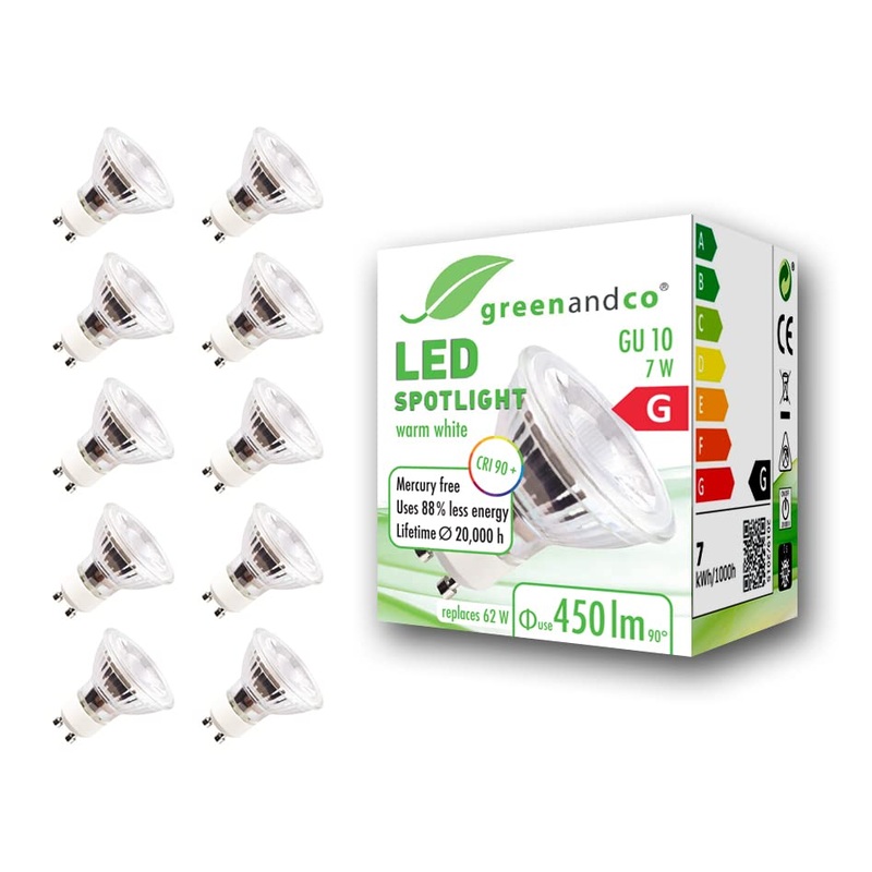Greenandco 10x CRI 90+ GU10 LED spot 7W 450 LM 36 3000K Warm white 230V flicker -free not dimmable 2 year guarantee 7W 3000K 36 10 pieces (1 Pack)