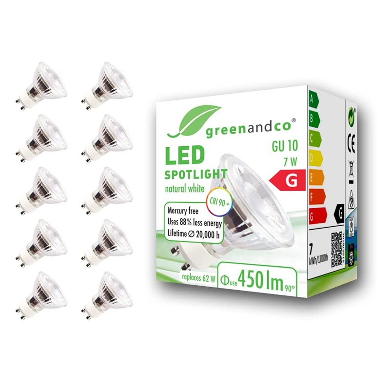 Greenandco 10x CRI 90+ GU10 LED spot 7W 450 LM 36 4000K neutral white 230V flicker -free not dimmable 2 years guarantee 7W 4000K 36 10 pieces (1 Pack)