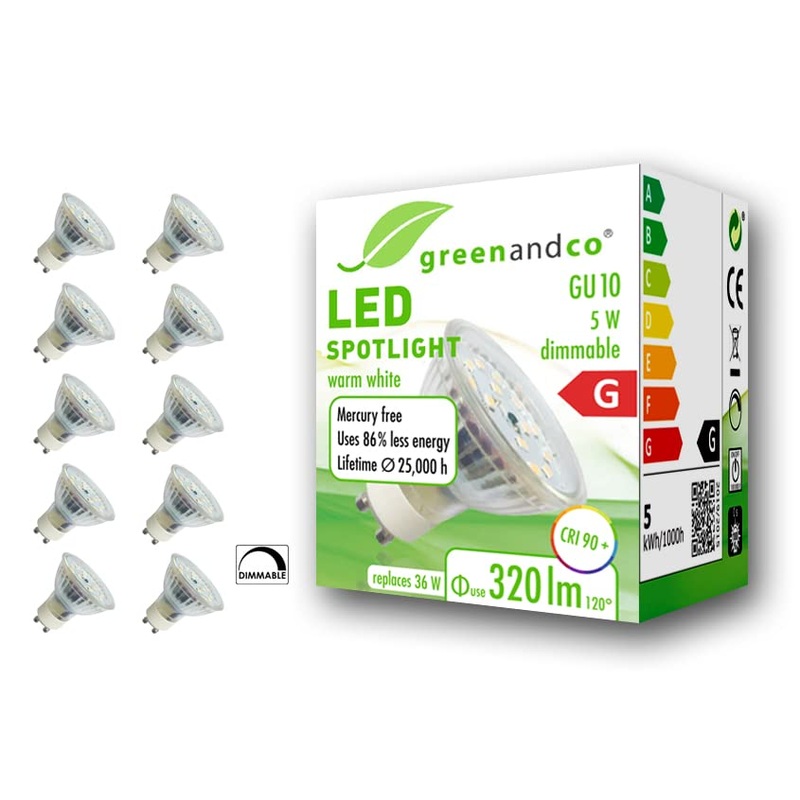 Greenandco 10x CRI 90+ GU10 LED spot dimmable 5W 320 LM 110 3000K warm white 230V flicker -free 2 year guarantee 5W 3000K 110 Dimmable 10 pieces (1 Pack)