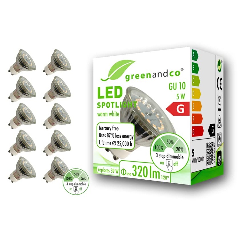 Greenandco 10x CRI 90+ GU10 LED spot dimmable without dimmer 5W 320 lm 110 3000K warm white 230V flicker -free 2 years guarantee 5W 3000K 110 dimmable in levels 10 pieces (1 Pack)