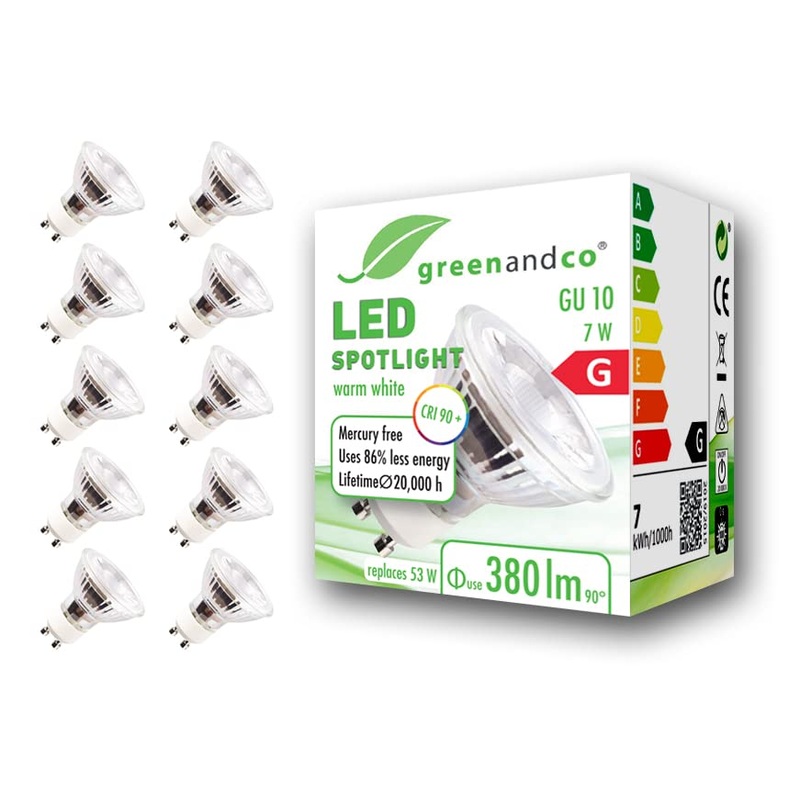 Greenandco 10x CRI 97+ GU10 LED Spot 7W 380 LM 36 2700K Warm White 230V flicker -free not dimmable 2 year guarantee 7W 2700K 36 10 pieces (1 Pack)