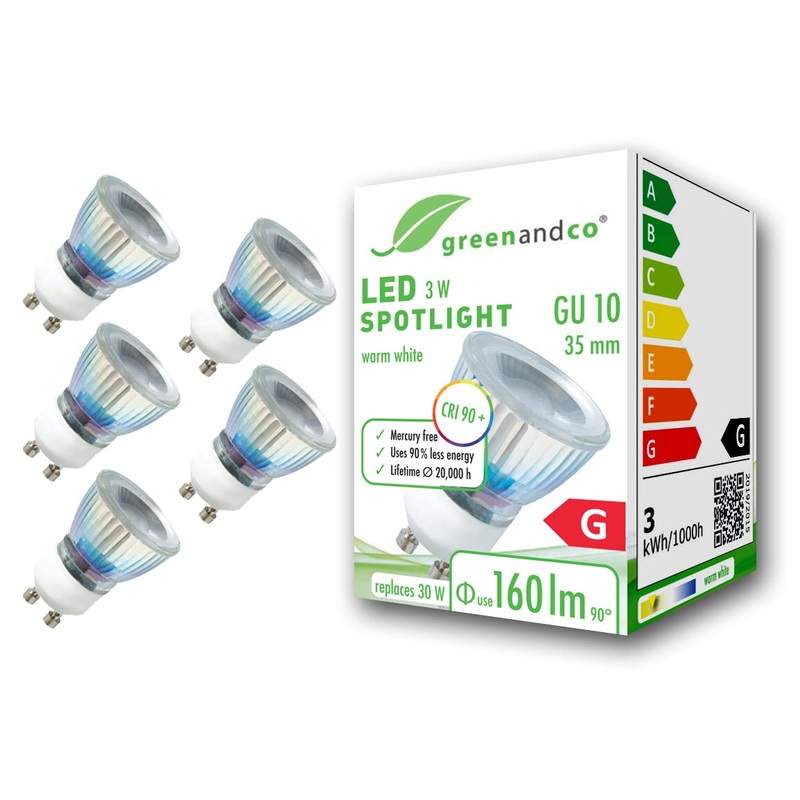 Greenandco 5x CRI 90+ GU10 35mm LED spot 3W 160 LM 50 3000K warm white 230V flicker -free not dimmable 2 years guarantee 3W 3000K 50 35mm 5 pieces (1 Pack)