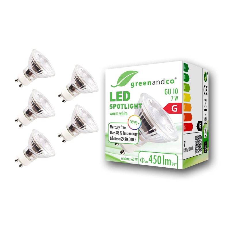 Greenandco 5x CRI 90+ GU10 LED spot 7W 450 LM 36 3000K warm white 230V flicker -free not dimmable 2 year guarantee 7W 3000K 36 5 pieces (1 Pack)