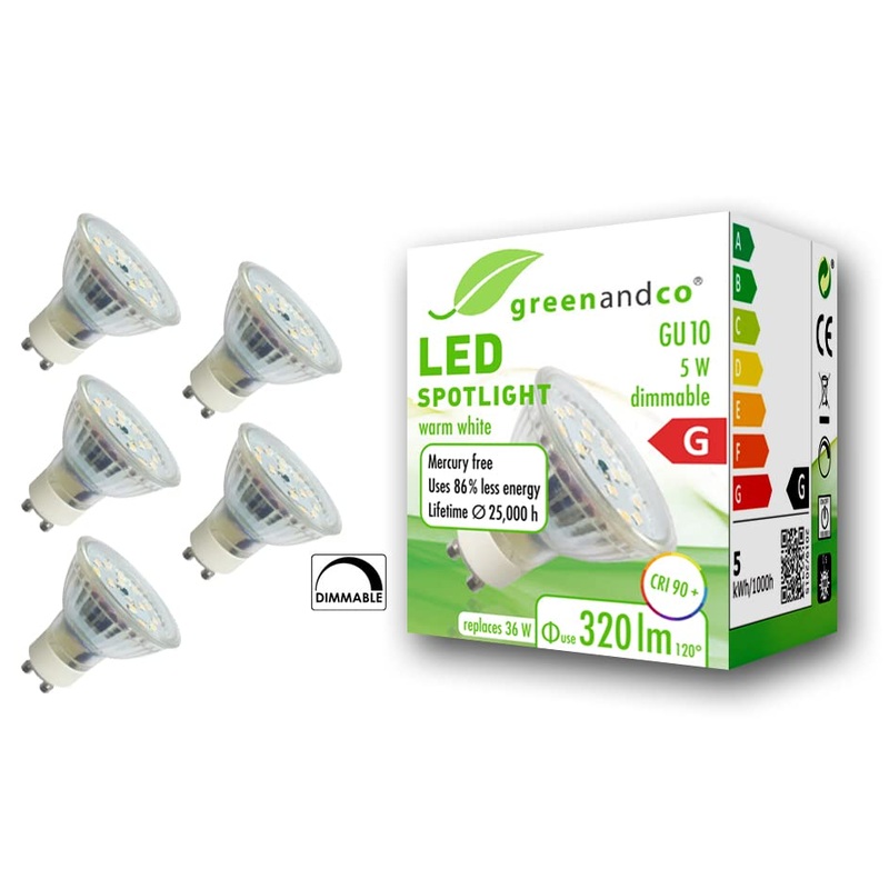 Greenandco 5x CRI 90+ GU10 LED spot dimmable 5W 320 LM 110 3000K warm white 230V flicker -free 2 year guarantee 5W 3000K 110 dimmable 5 pieces (1 Pack)