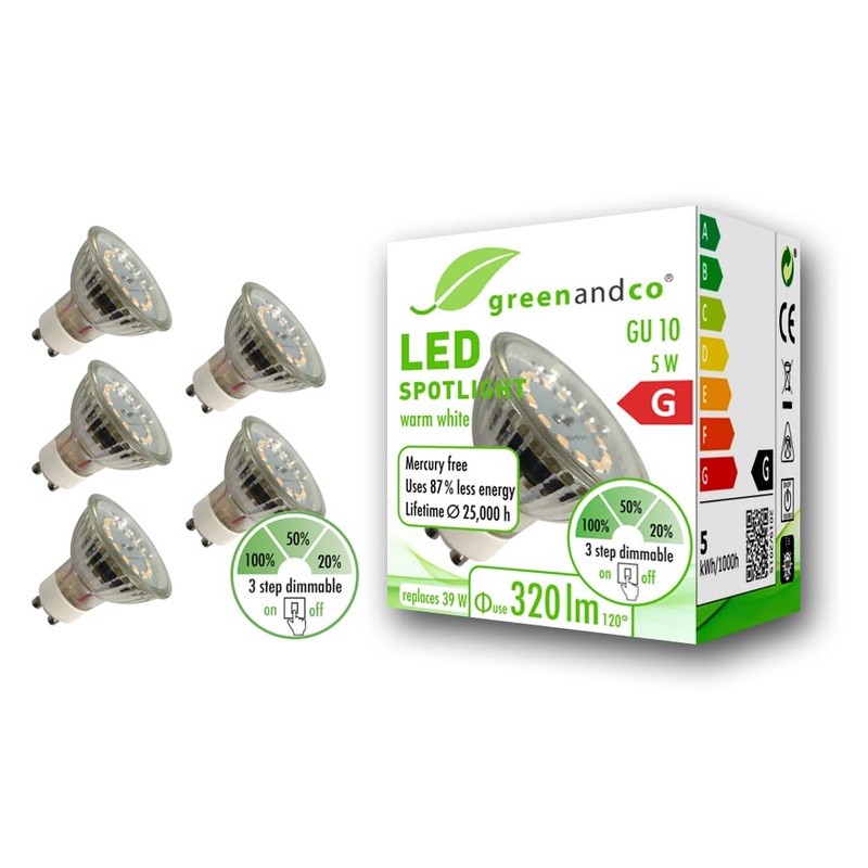Greenandco 5x CRI 90+ GU10 LED spot dimmable without dimmer 5W 320 lm 110 3000K warm white 230V flicker -free 2 years guarantee 5W 3000K 110 dimmable in stages 5 pieces (1 Pack)