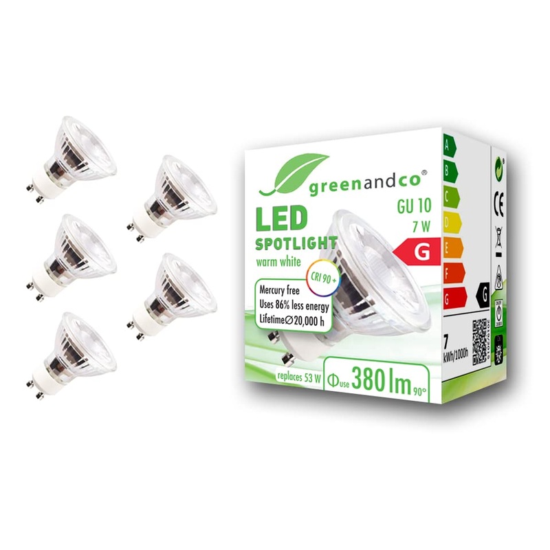 Greenandco 5x CRI 97+ GU10 LED Spot 7W 380 LM 36 2700K Warm White 230V flicker -free not dimmable 2 year guarantee 7W 2700K 36 5 pieces (1 Pack)