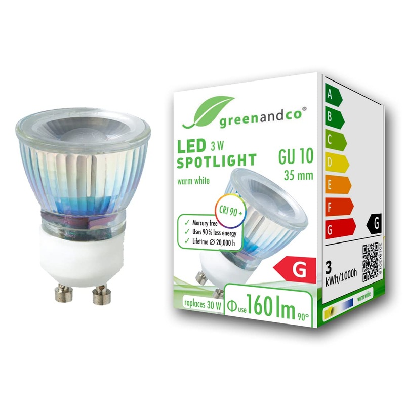 Greenandco CRI 90+ GU10 35mm LED spot 3W 160 LM 50 3000K warm white 230V flicker -free not dimmable 2 years guarantee 3W 3000K 50 35mm 1 piece (1 Pack)