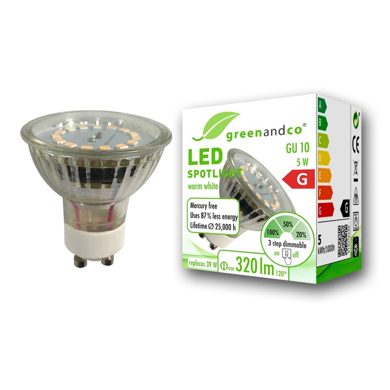 Greenandco CRI 90+ GU10 LED spot dimmable without dimmer 5W 320 lm 110 3000k warm white 230V flicker -free 2 years guarantee 5W 3000K 110 dimmable in stages 1 piece (1 Pack)