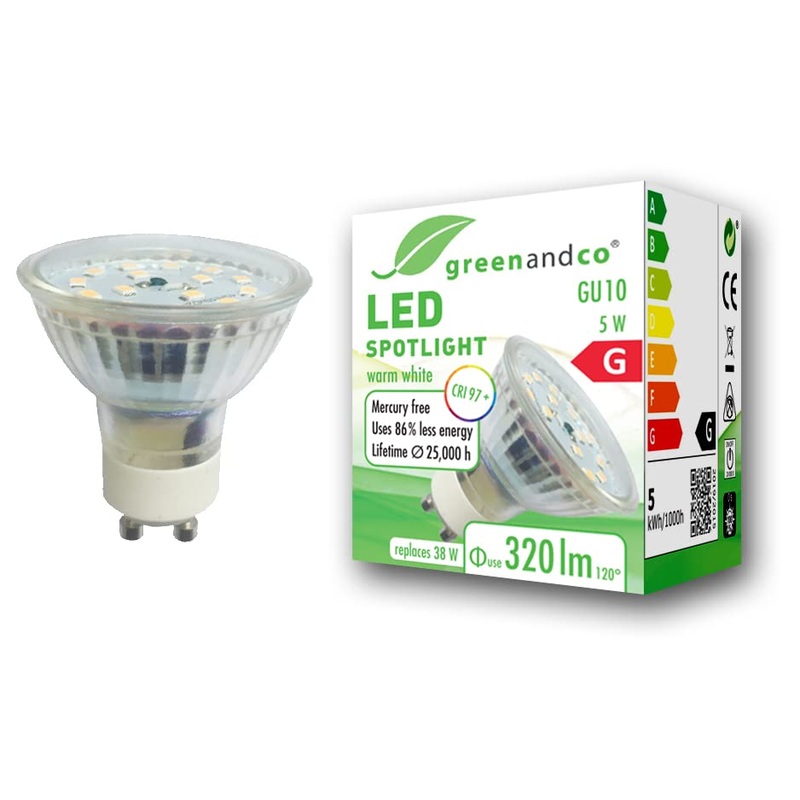 Greenandco CRI 97+ GU10 LED Spot 5W 320 LM 110 2700K warm white 230V flicker -free not dimmable 2 years guarantee 5W 2700k 110 1 piece (1 Pack)