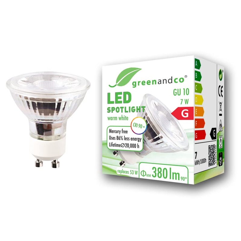 Greenandco CRI 97+ GU10 LED Spot 7W 380 LM 36 2700K Warm White 230V flicker -free not dimmable 2 years guarantee 7W 2700K 36 1 piece (1 Pack)