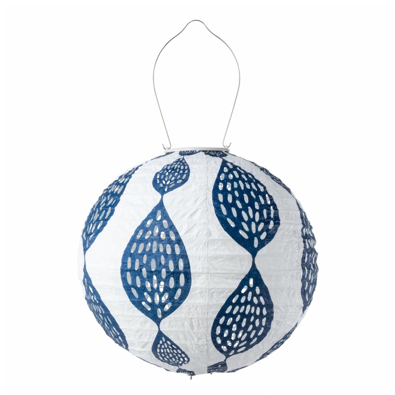 Round Indigo Blue Leaf Fabric Solar LED Lantern