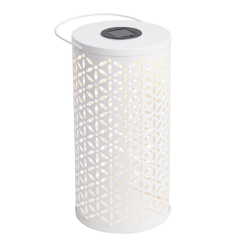 White Punched Metal Floral Cylinder Solar LED Lantern