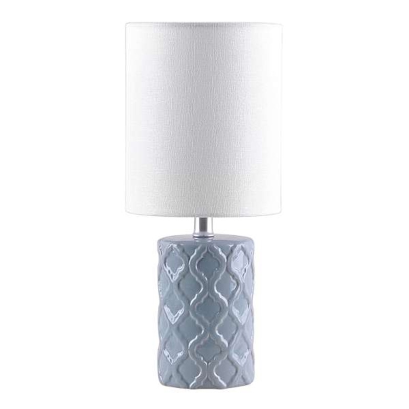 Light Blue Ceramic Quatrefoil Lamp with Shade, 12″