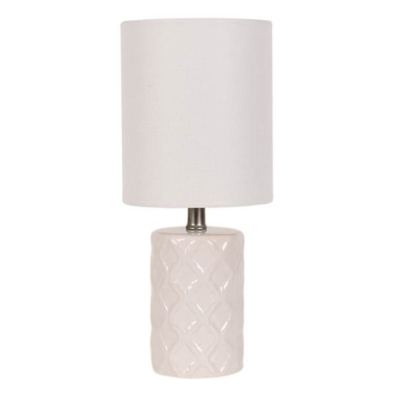 White Quatrefoil Ceramic Mini Table Lamp with Shade, 12″
