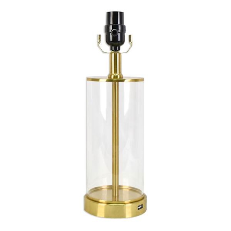 Gold & Glass Column Small Lamp Base with USB, 17″