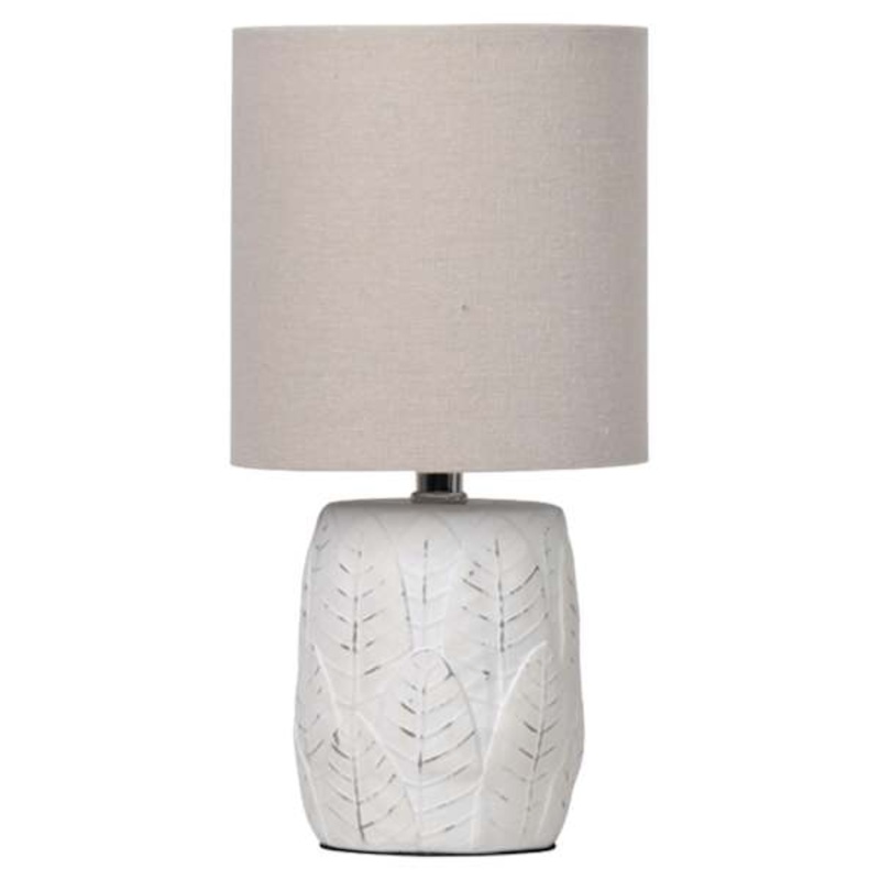 White Washed Leaf Print Ceramic Mini Table Lamp with Shade, 12″