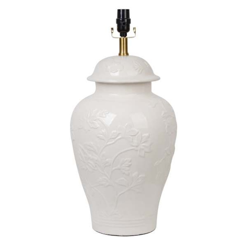 Off-White Ceramic Floral Emboss Medium Table Lamp Base, 20″