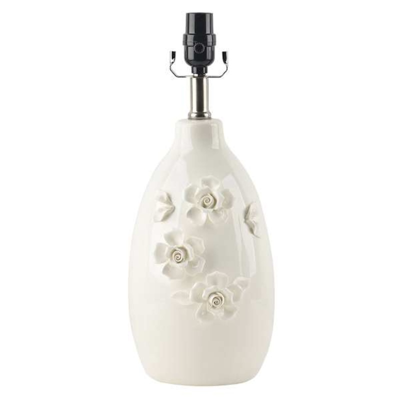 White Ceramic Floral Medium Table Lamp Base, 17″