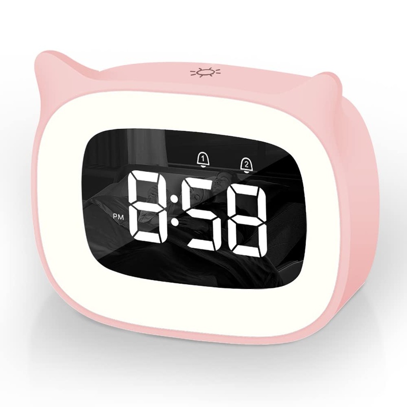 Aoreun alarm clock digital children dual alarm clock with light digital cute cats children’s alarm lamp snooze function 18 music 5 brightness mode time -controlled night light alarm clock – pink