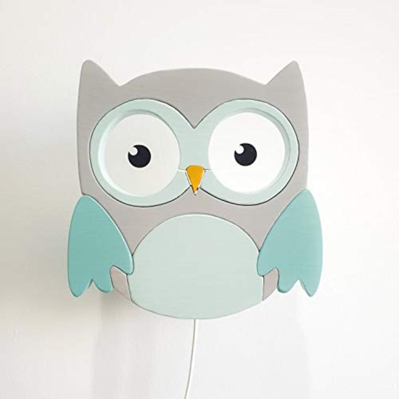 Clever kids children’s wall lamp All my animals |Manual work from the EU |High quality reading lamp night light made of wood |E14 (owl gray-mint)