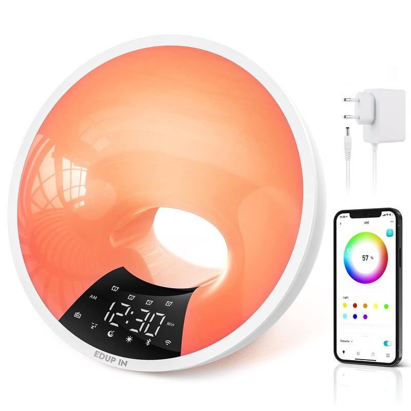 Edup in Lichtwecker Wake Up Light Smart Wecker simulates sunrise Bluetooth speaker app control 4 alarm clock snooze 16 million night light 7 natural tones dimmable usb connection radio adapter white