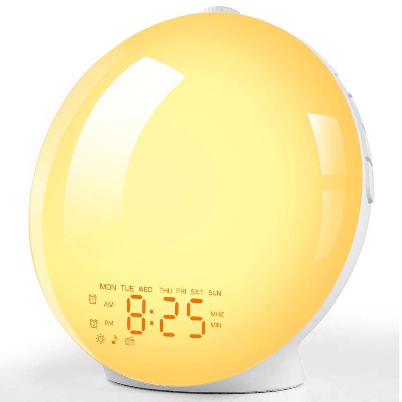 Light alarm clock day light alarm full screen Wake Up Light sunrise sunset simulation 2 alarms 14 color light with 8 natural noises 20 brightness slumber function FM radio adult children white